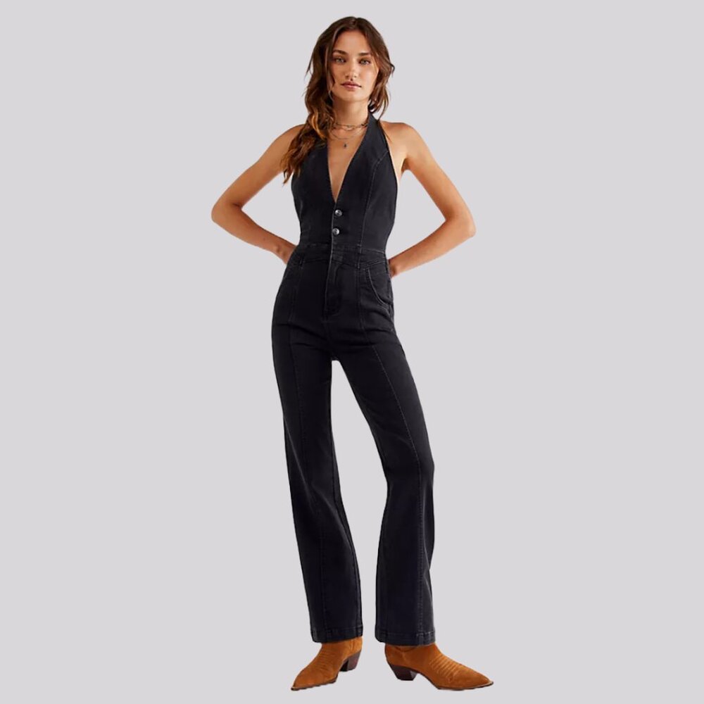 We The Free People Cruz Black Denim Halter Jumpsuit Minimalist Boho Festival